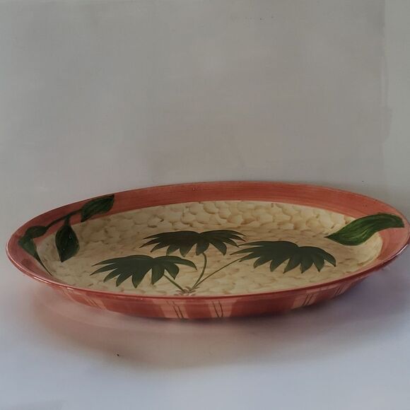GATES WARE TROPICAL PALM TREE OVAL SERVING PLATTER GREEN BEIGE CORAL CERAMIC - Picture 4 of 9
